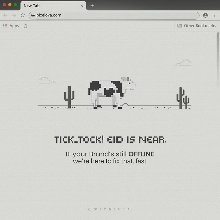 Eid creative ad: Pixel-art cow in the browser's offline dinosaur game scene