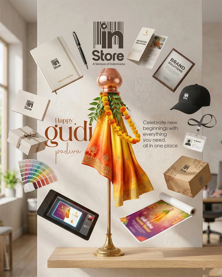 other-festival creative ad: Gudi on brass stand surrounded by floating branded merchandise