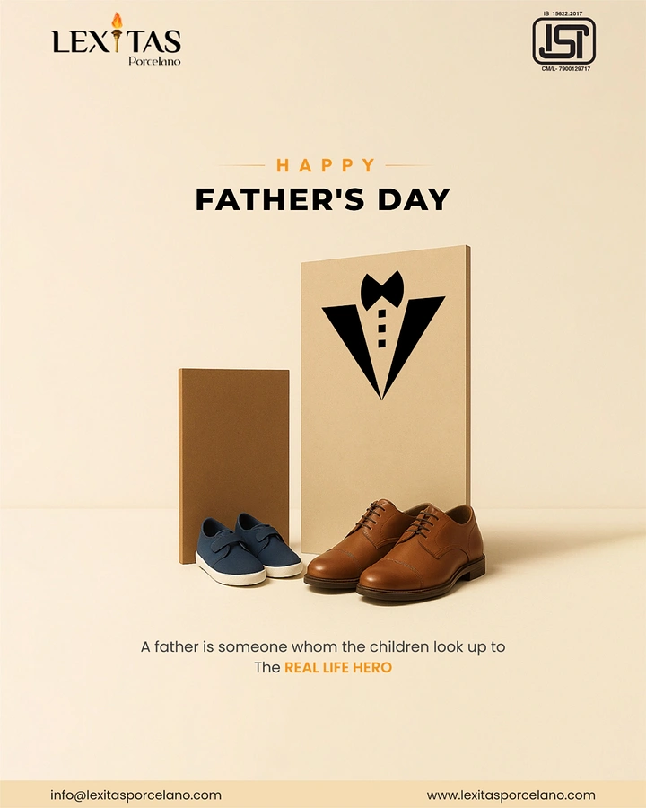 Father's Day creative ad: Brown leather oxfords beside small navy kids' sneakers in front of tall and short panels