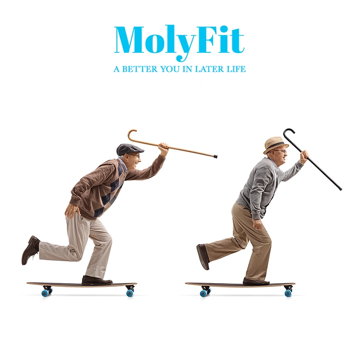 Senior Care creative ad: Seniors skateboarding with canes metaphor