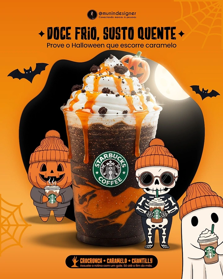 Halloween creative ad: Chocolate-caramel frappuccino with whipped cream and a mini pumpkin topper