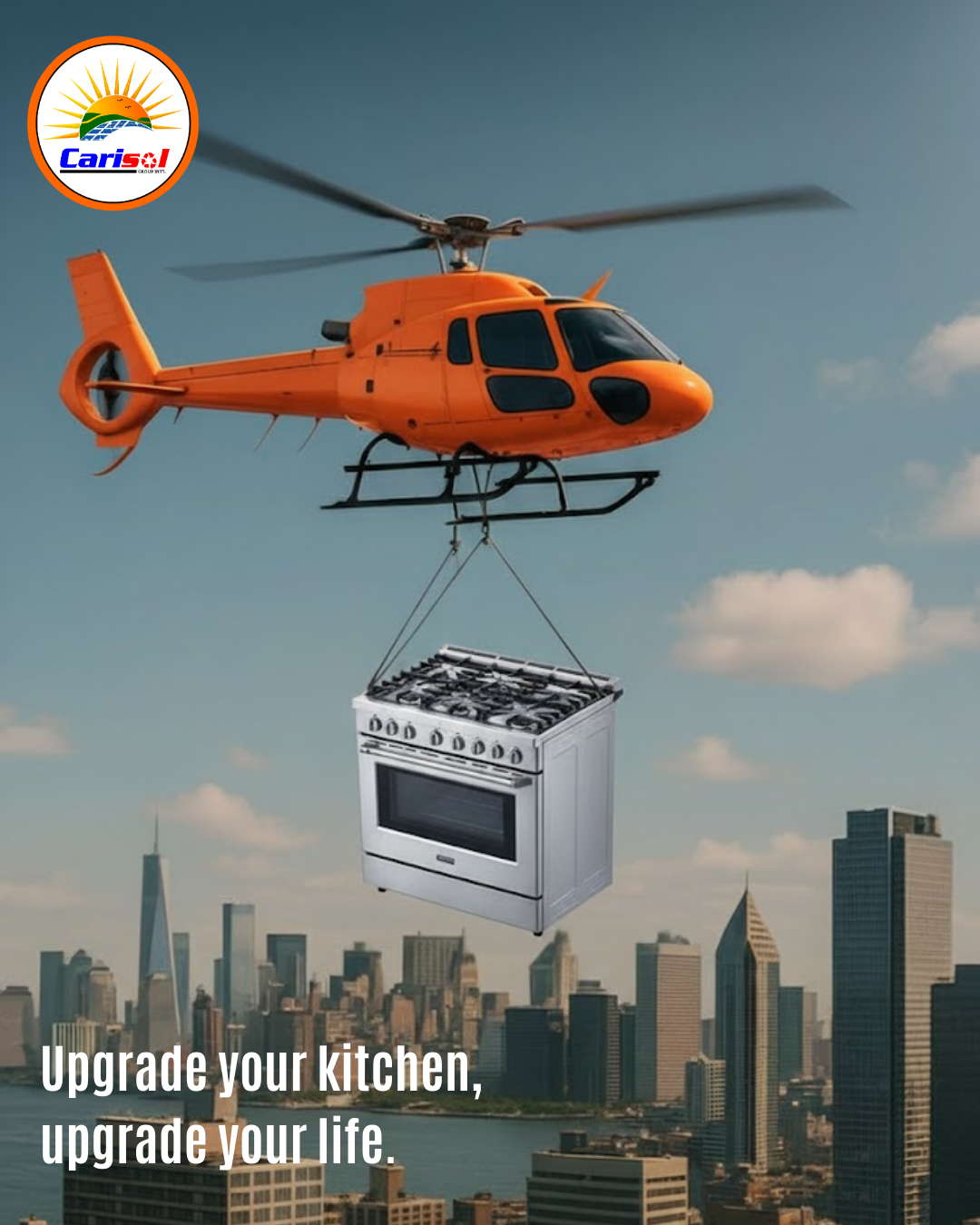 Instagram post: Helicopter airlifting stove, upgrade metaphor