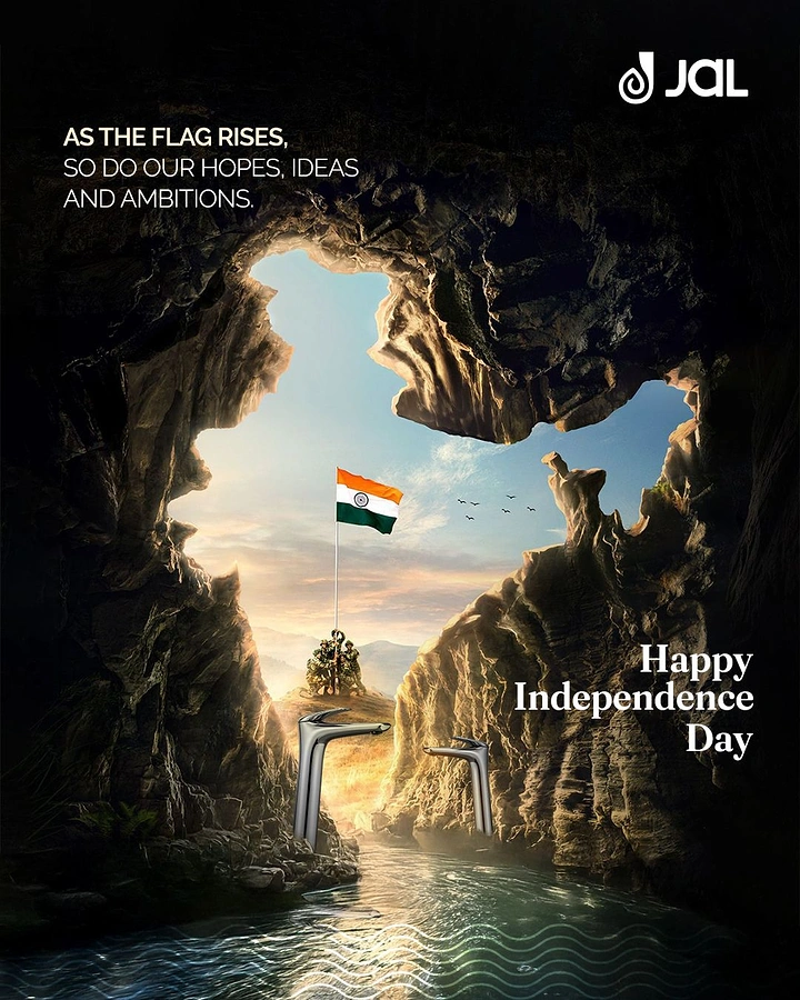 Independence Day creative ad: Cave opening shaped like the map of India, with a flag and faucets
