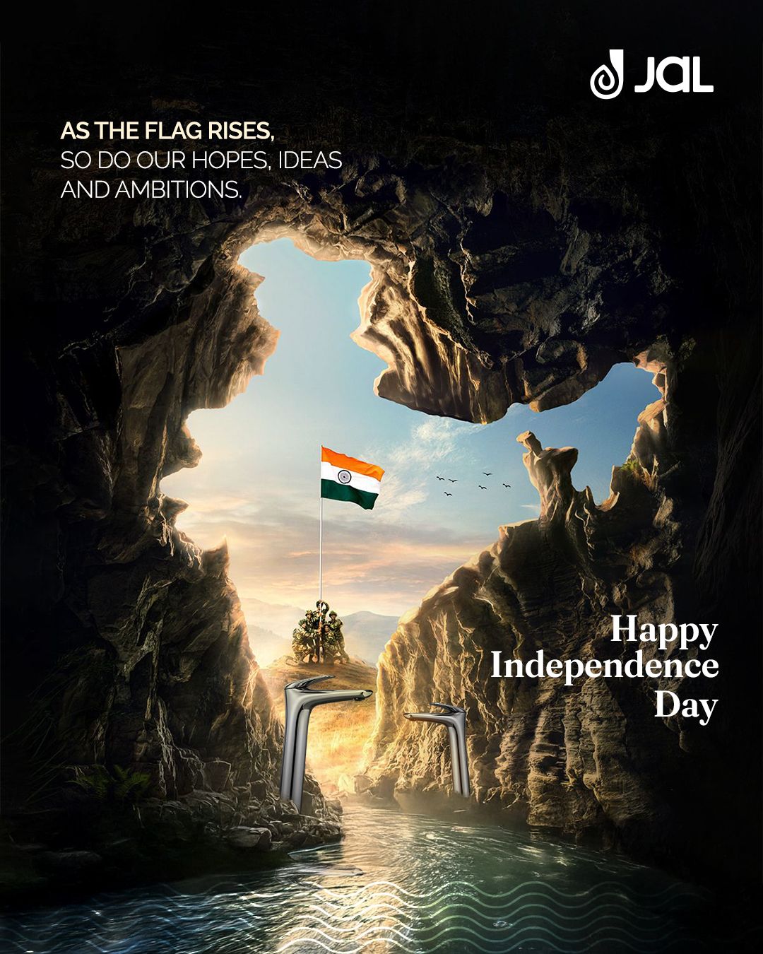 Cave opening shaped like the map of India, with a flag and faucets