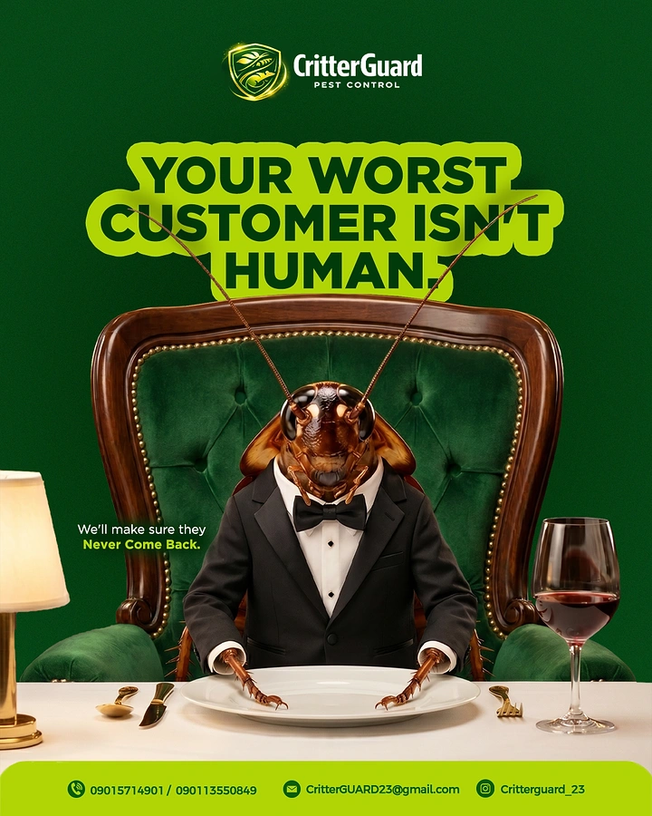 Pest Control creative ad: Tuxedoed cockroach as worst dinner customer