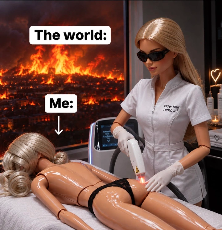 Skin & Cosmetic Clinics creative ad: Barbie meme: world burns, me lasering