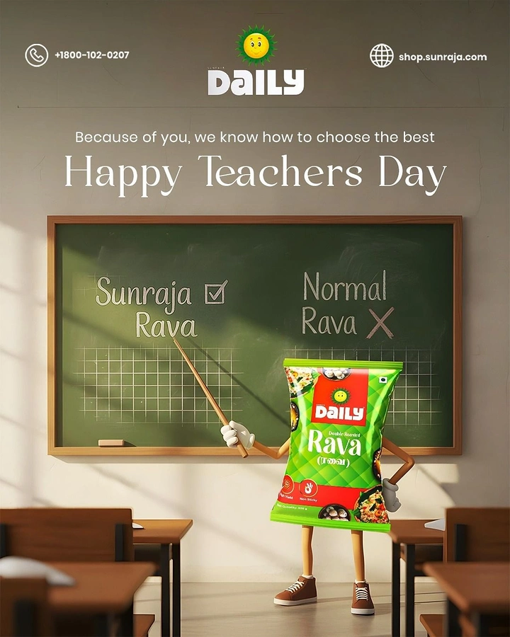 Teachers Day creative ad: Product pack mascot teaching at a chalkboard