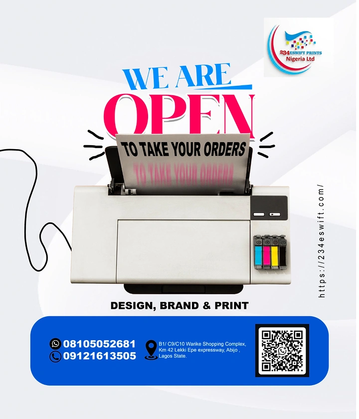 Printing Shops creative ad: Printer prints the 'We are open' headline