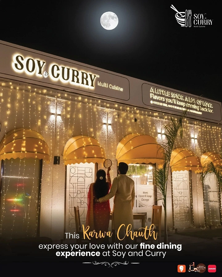 Karwa Chauth creative ad: Couple viewing moon through sieve outside lit restaurant