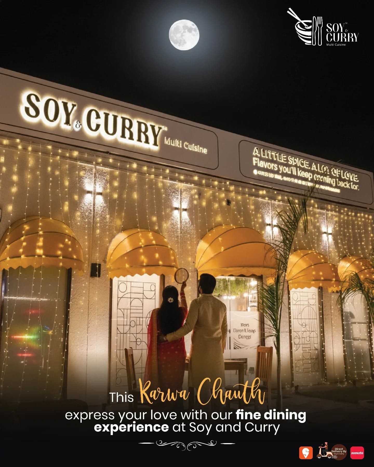 Couple viewing moon through sieve outside lit restaurant