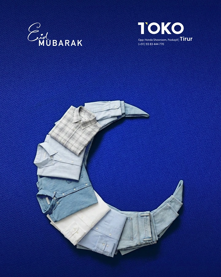 Eid creative ad: Folded shirts and jeans arranged into a crescent moon