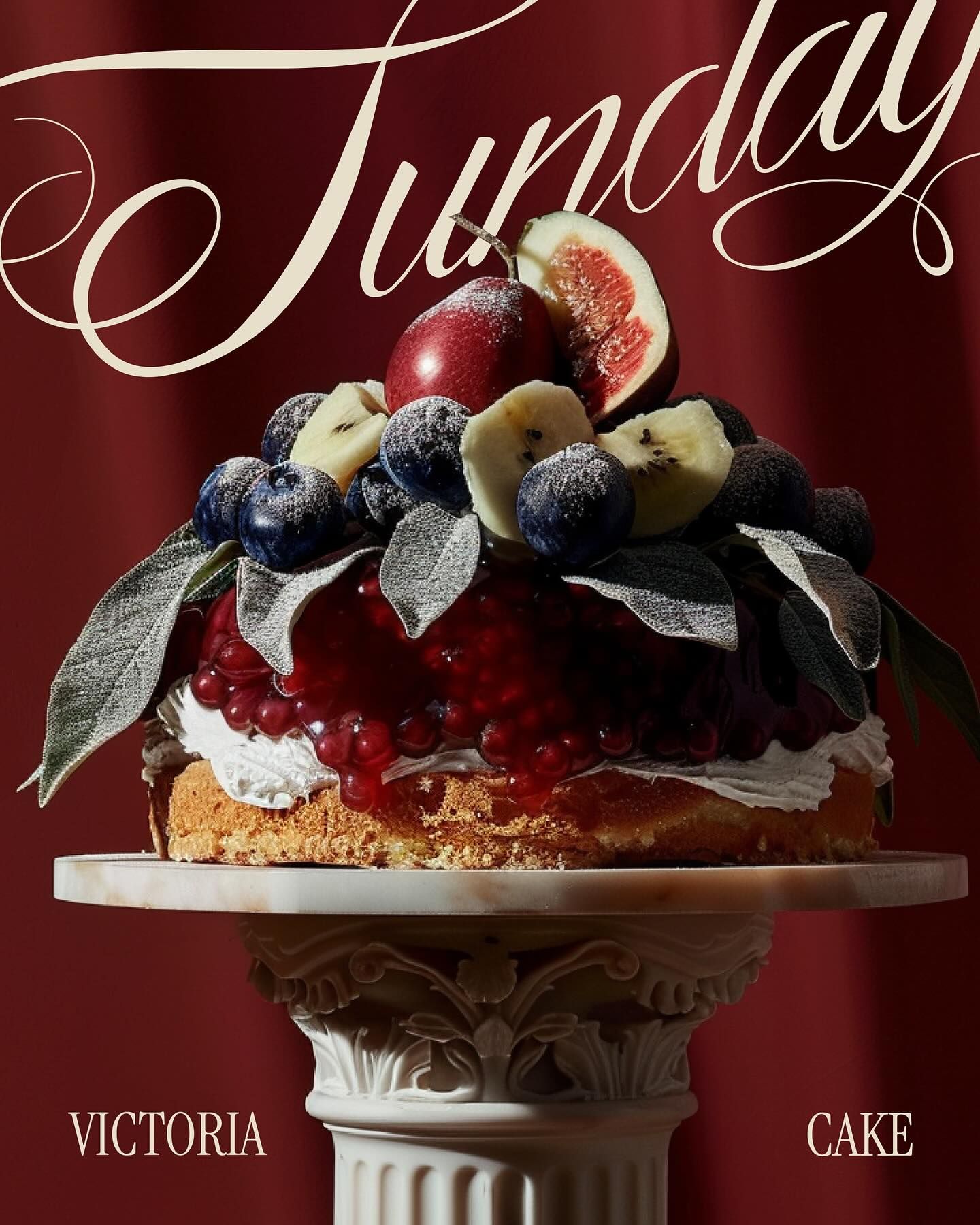 Instagram post: Victoria sponge cake piled with sugared fruit on a marble column