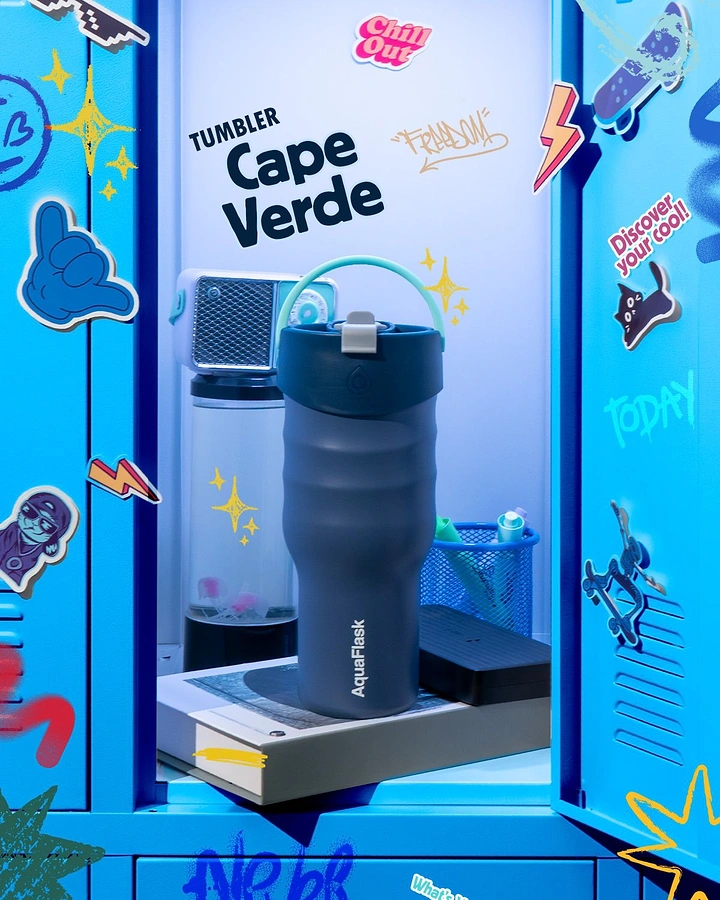 Tumblers, Flasks & Drinkware creative ad: Playful travel-world tumbler presentation