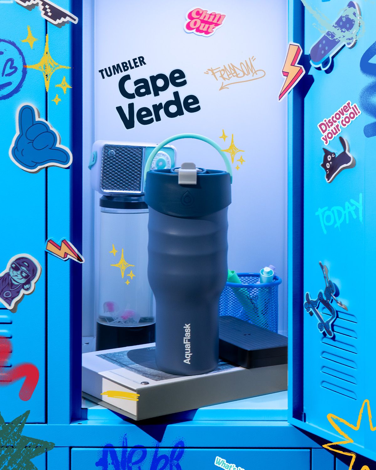 Instagram post: Playful travel-world tumbler presentation