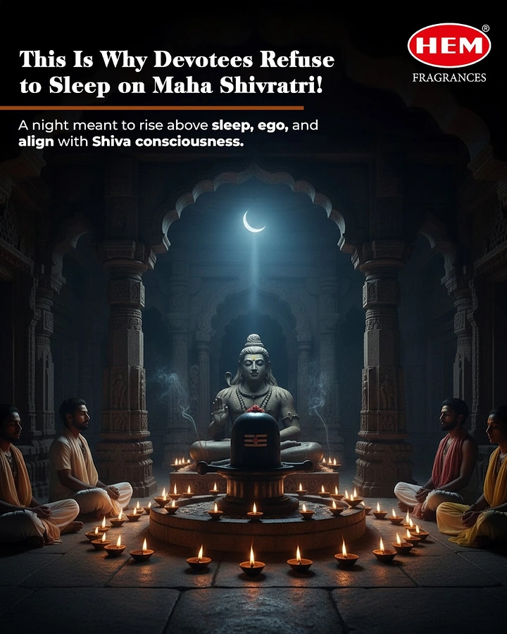 other-festival creative ad: Shivling ringed by diyas in a moonlit stone temple with meditating devotees