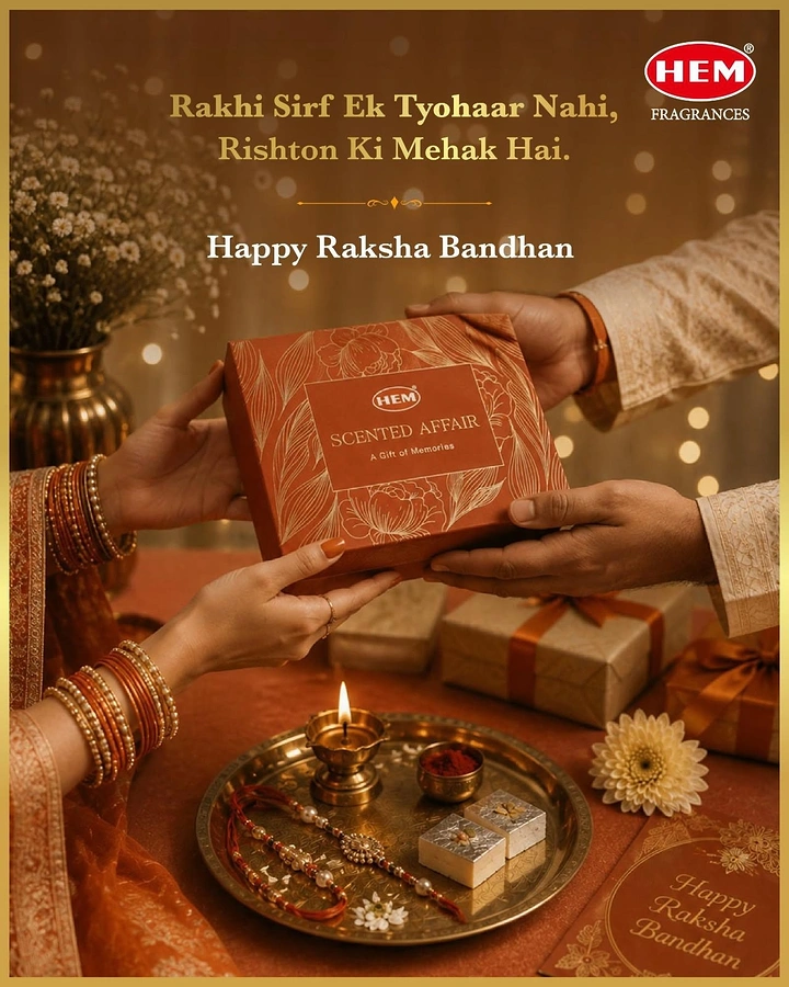 Raksha Bandhan creative ad: Siblings' hands exchanging a floral-embossed fragrance gift box over a rakhi thali