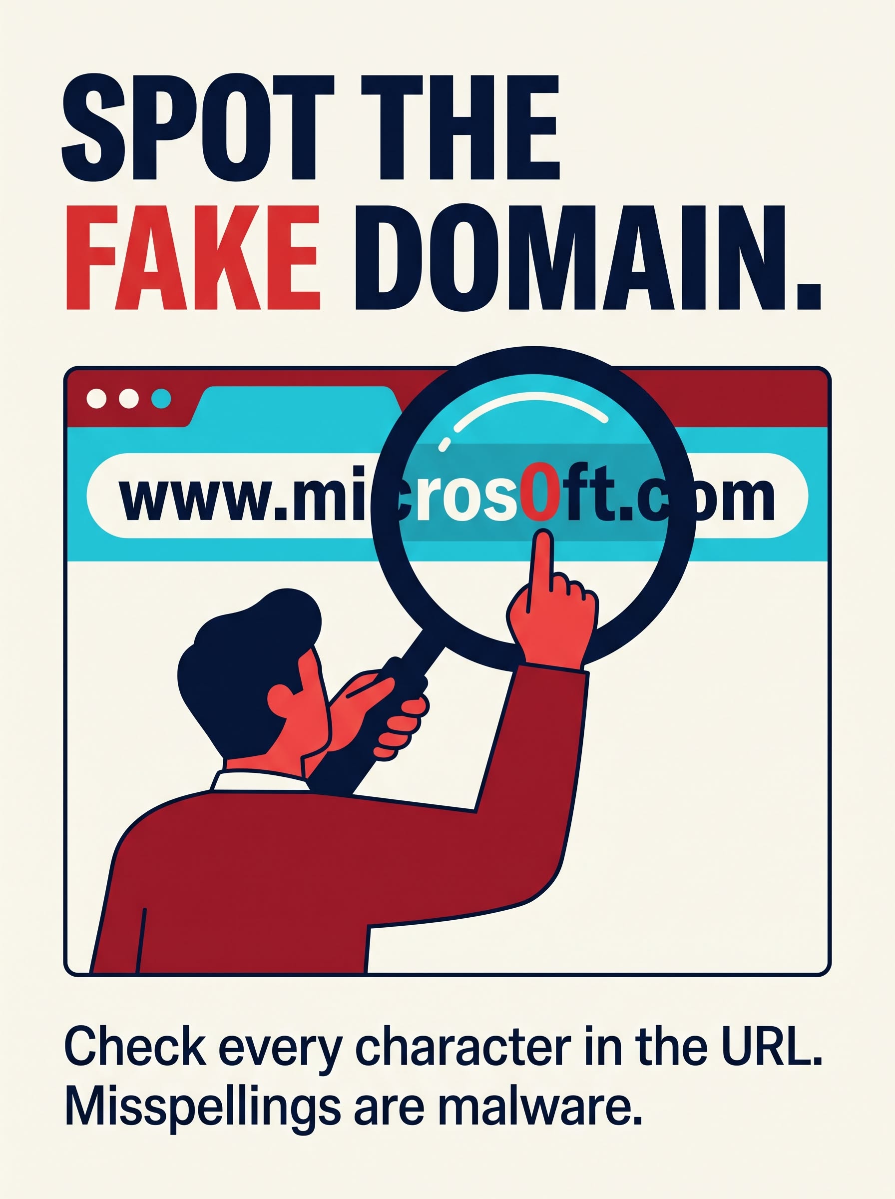 Instagram post: Magnifying glass catches fake domain visually