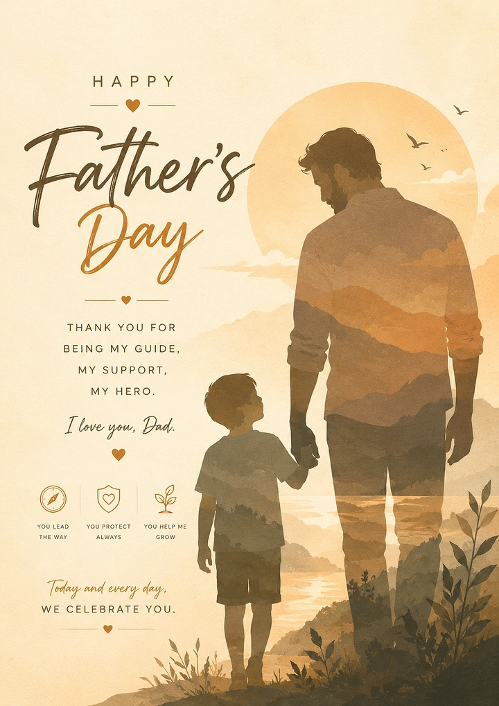 Father's Day creative ad: Double-exposure father and son holding hands against a sunset landscape