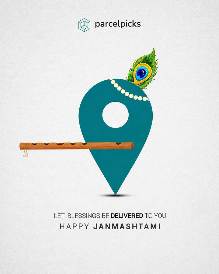 Janmashtami creative ad: Teal map pin dressed as Krishna with peacock feather and flute