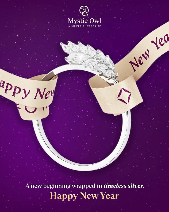 New Year creative ad: Silver ring wrapped in New Year ribbon