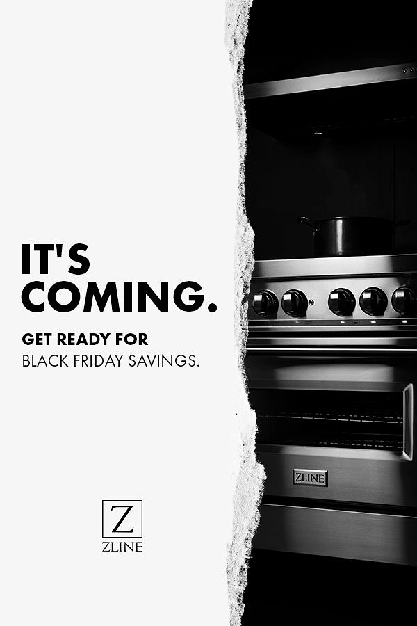 Black Friday creative ad: Black-and-white stainless steel range revealed through torn paper