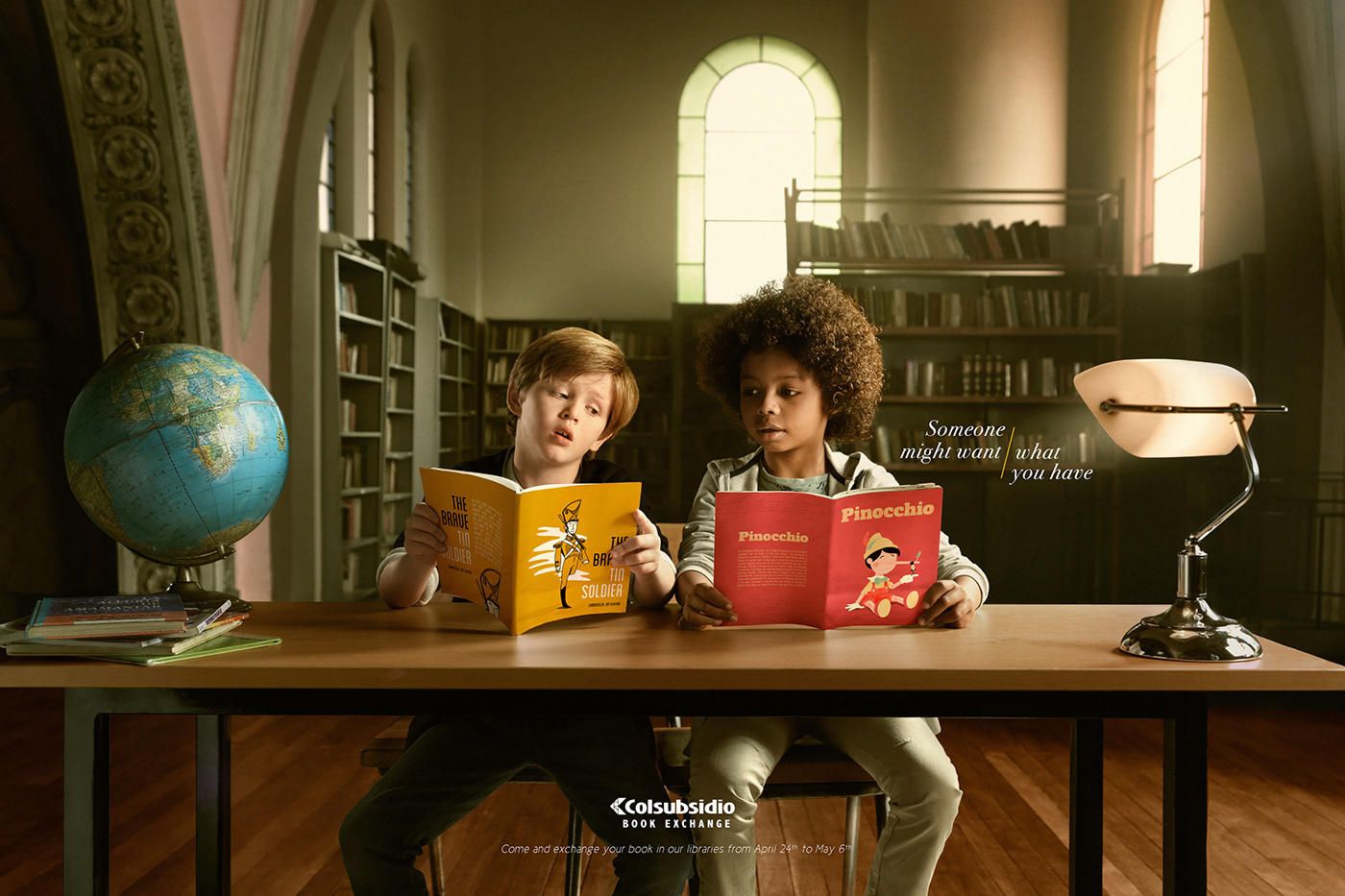 Banner: Two children at a library desk each eyeing the other's book