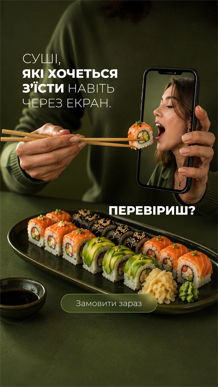 Sushi & Japanese Restaurants creative ad: Phone-screen craving visual metaphor