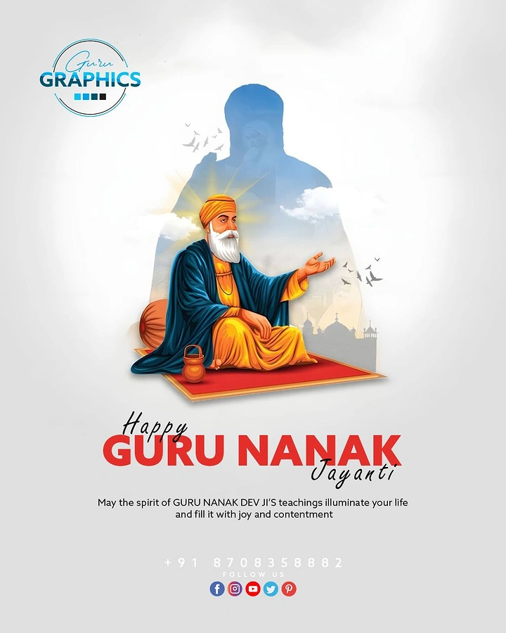 Guru Nanak Jayanti creative ad: Illustrated Guru Nanak seated on a red rug in front of a sky-filled silhouette