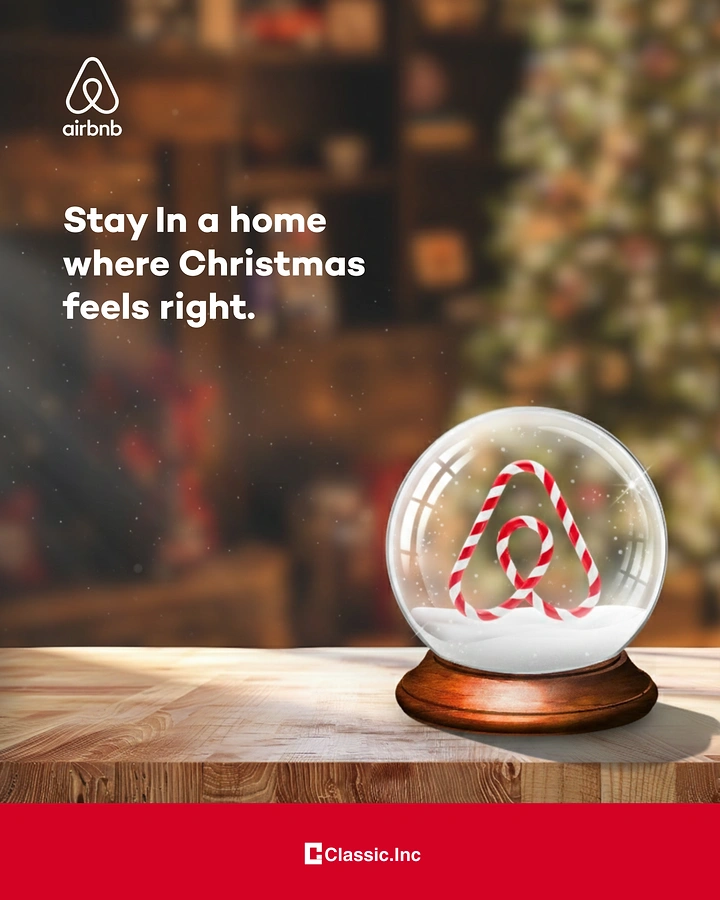 Vacation Rentals & Holiday Homes creative ad: Airbnb pin becomes snow-globe ornament