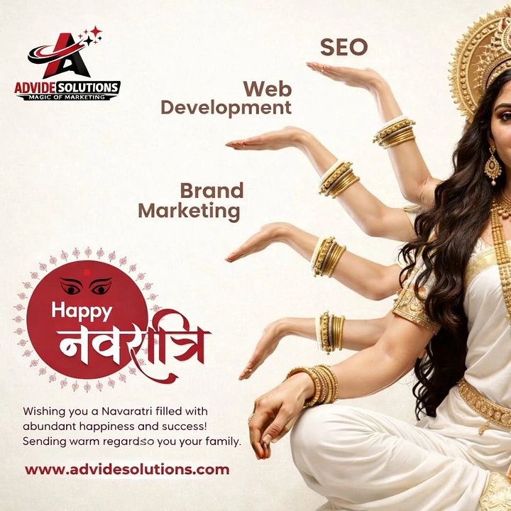 Navratri creative ad: Goddess figure in white saree with multiple arms each holding up a service