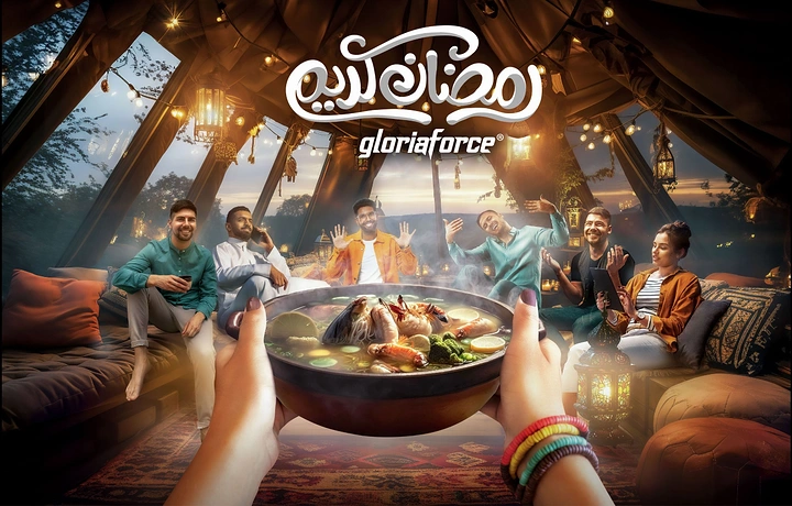 Ramadan creative ad: POV hands holding steaming seafood soup bowl before friends in lantern-lit tent