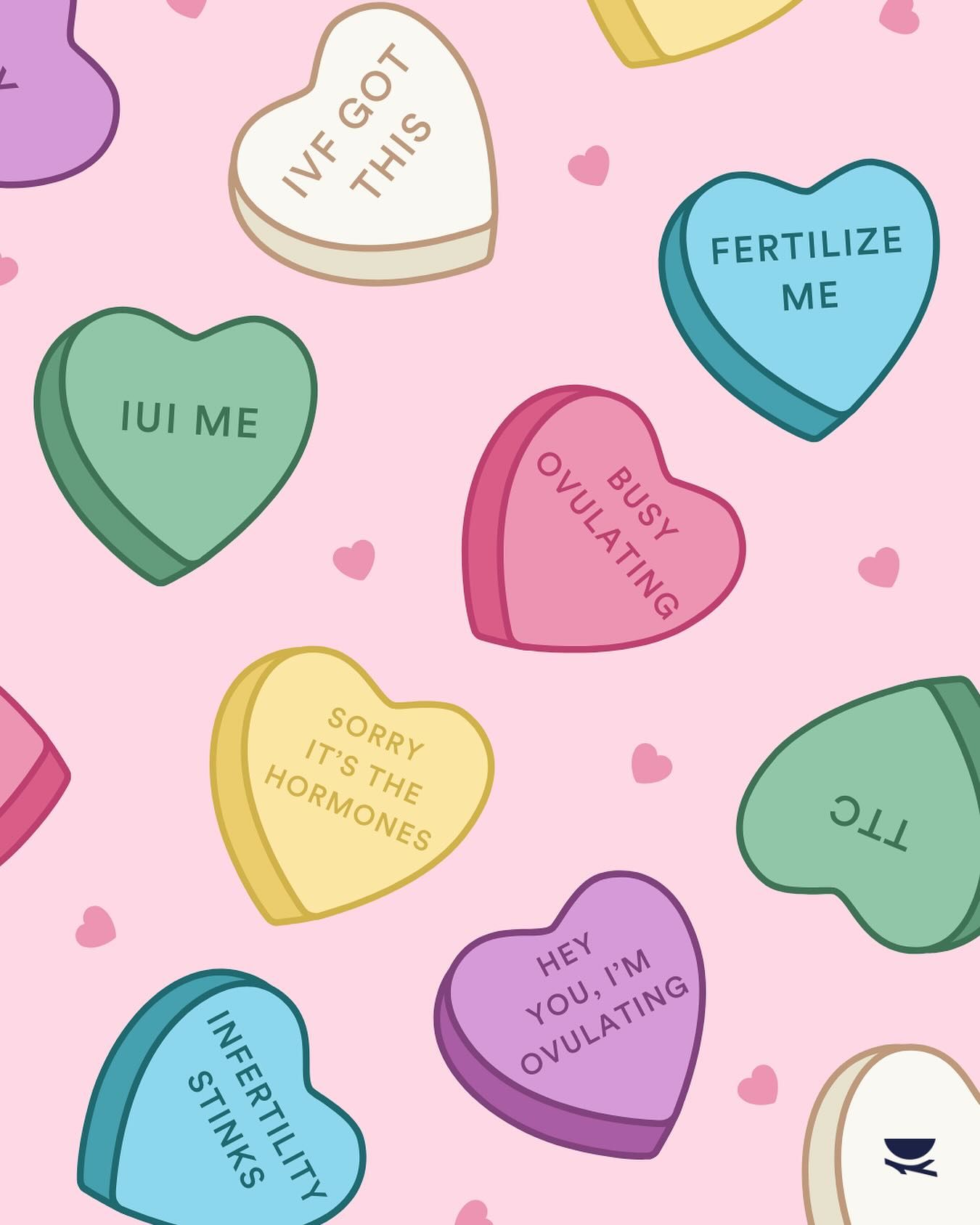 Instagram post: Conversation hearts with witty fertility puns