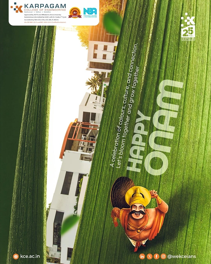 Onam creative ad: Mahabali cartoon walking across giant tilted banana leaf beside campus building