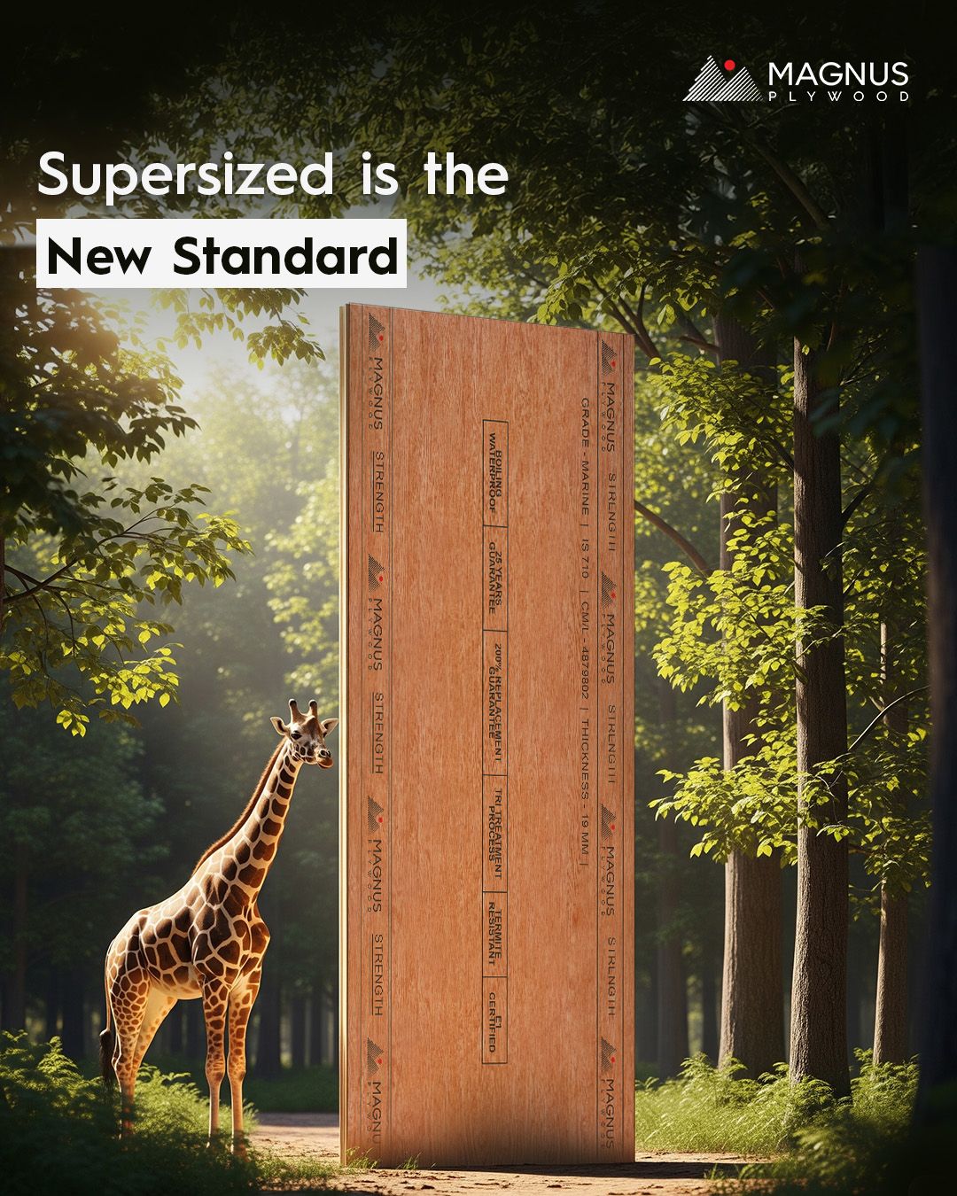 Instagram post: Giant plywood sheet towering over a giraffe in a sunlit forest