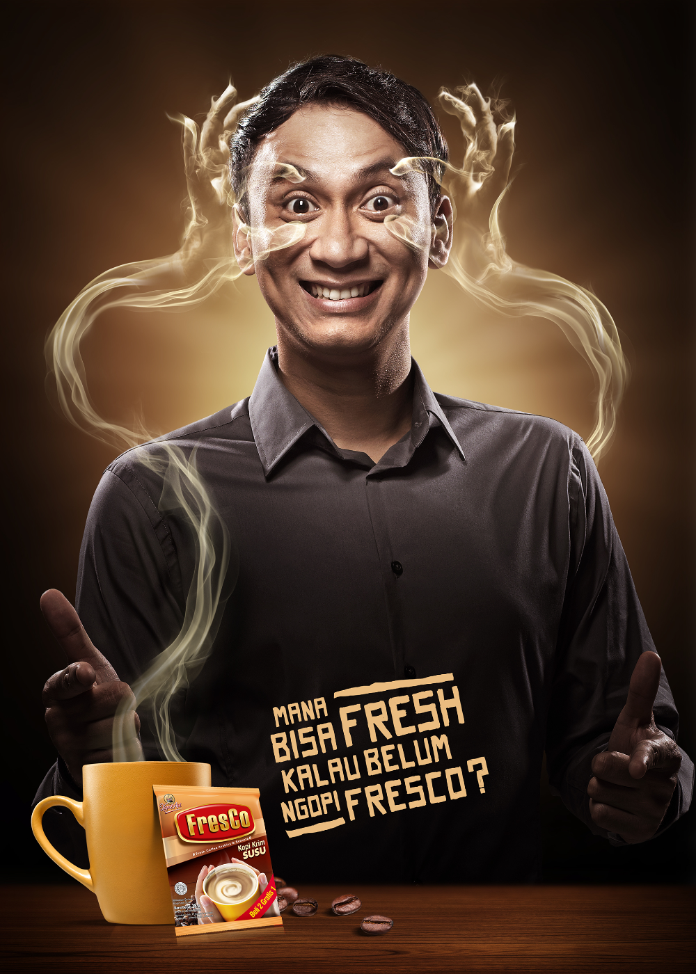 Poster: Wide-eyed grinning man whose eyes are pried open by steam hands rising from coffee