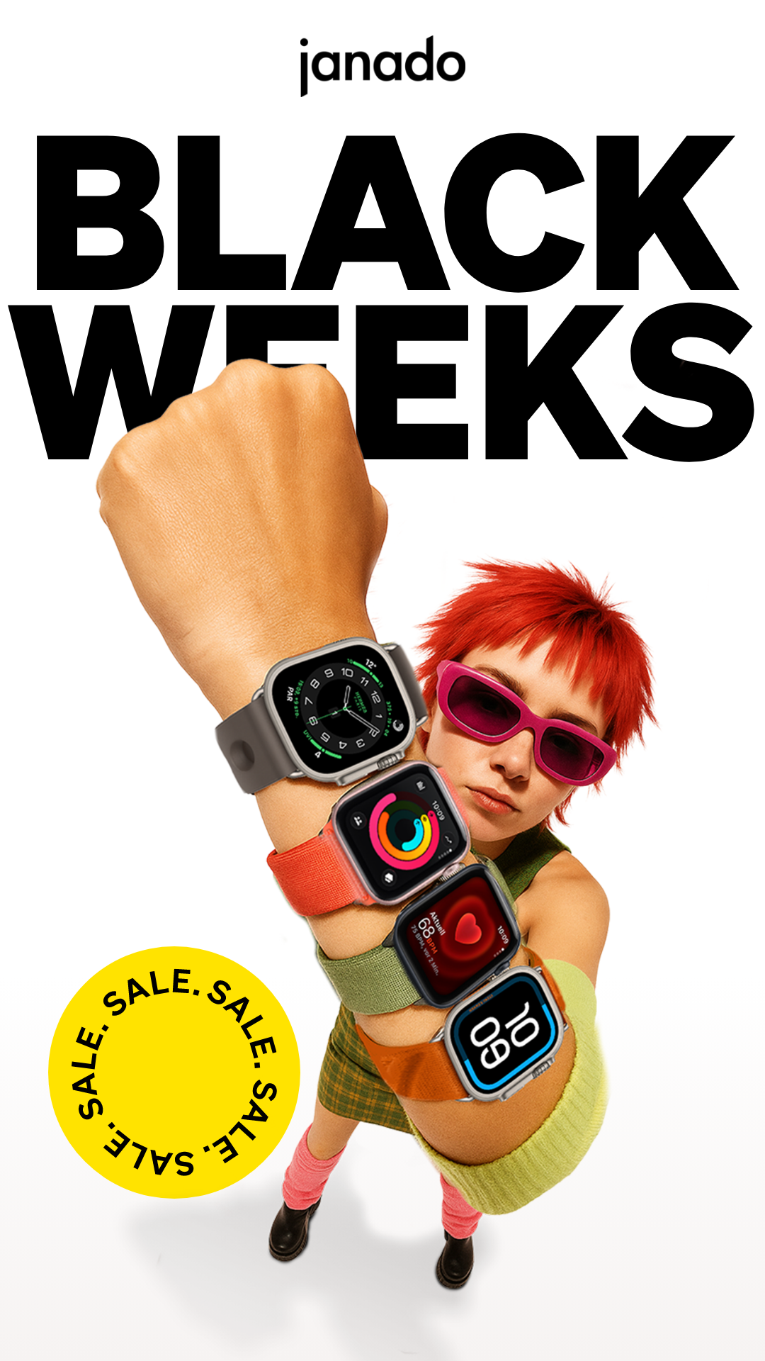 Red-haired model holding up an arm stacked with four smartwatches