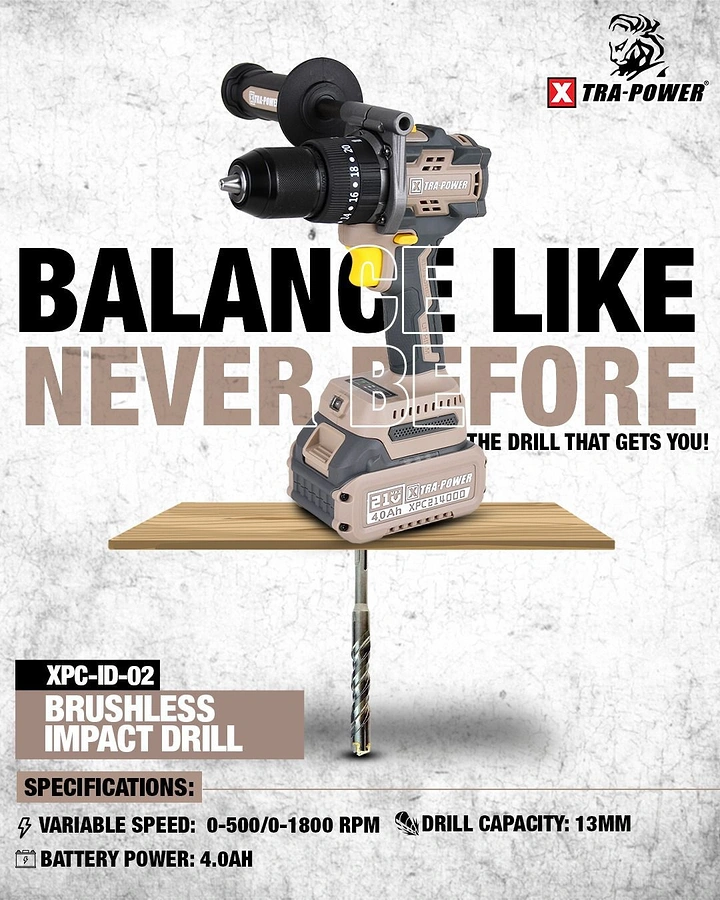Power Tools creative ad: Drill balanced into clever headline