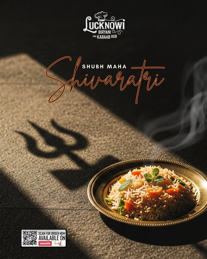 other-festival creative ad: Veg pulao in a brass plate beside a trishul shadow