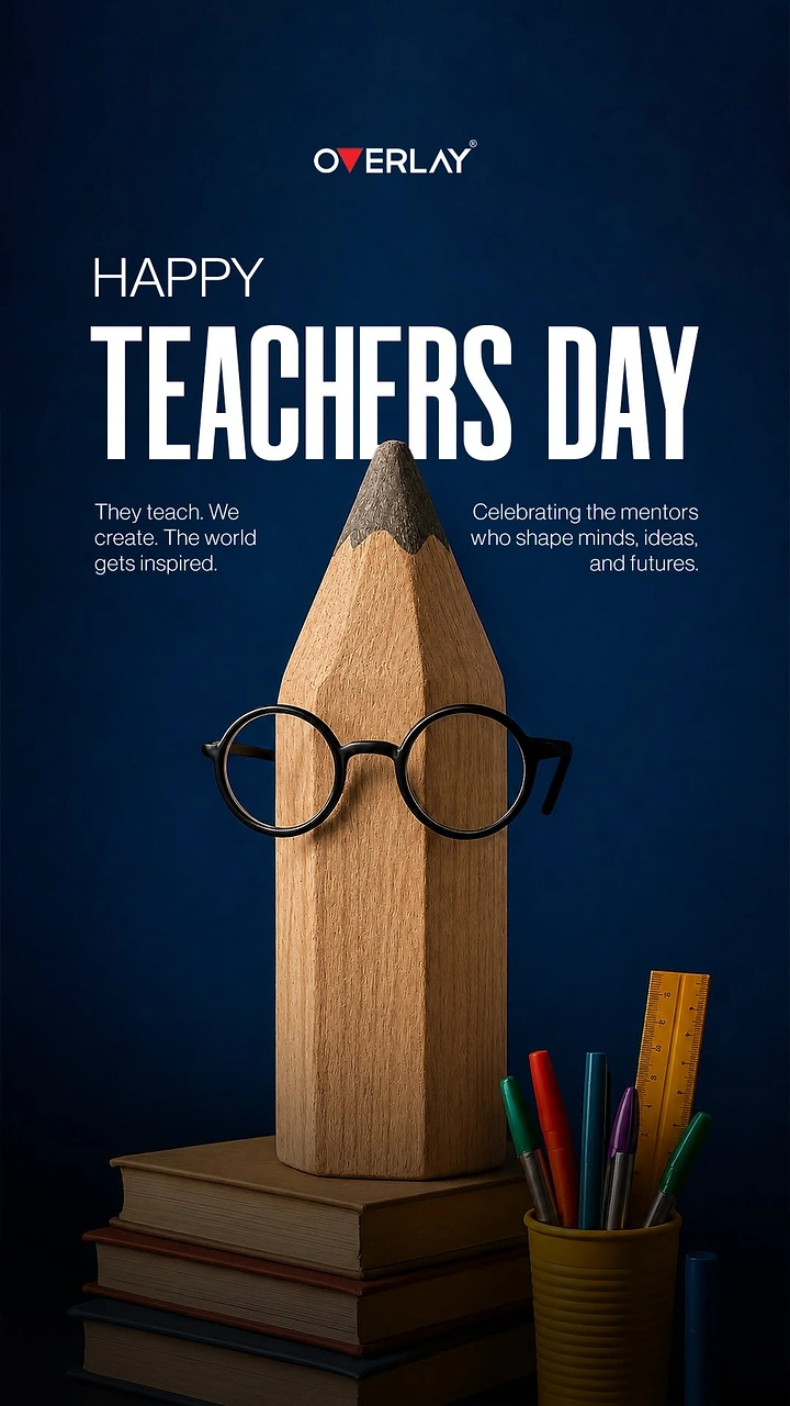 Teachers Day creative ad: Wooden pencil wearing round glasses on books