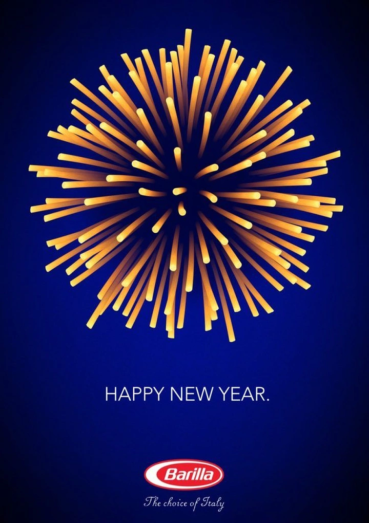 New Year creative ad: Spaghetti strands arranged as a firework burst