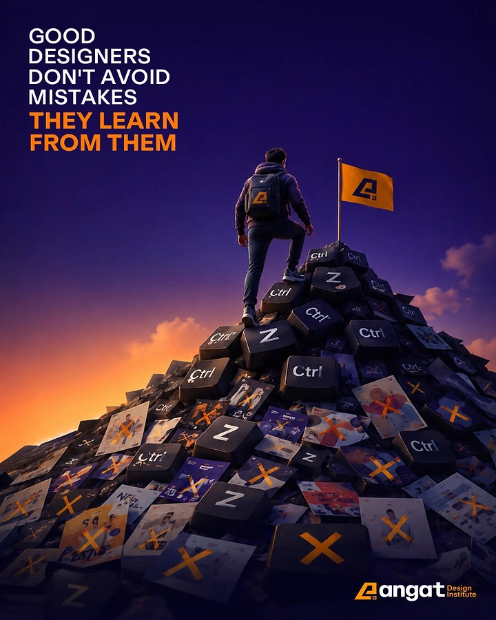 Art Classes & Workshops creative ad: Student climbing a mountain of undo keys and rejected designs