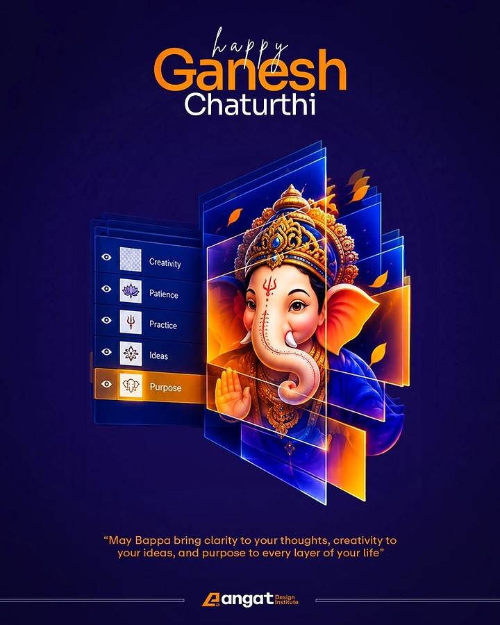 Ganesh Chaturthi creative ad: Ganesha illustration split across floating 3D glass layer panes, next to a layers panel UI