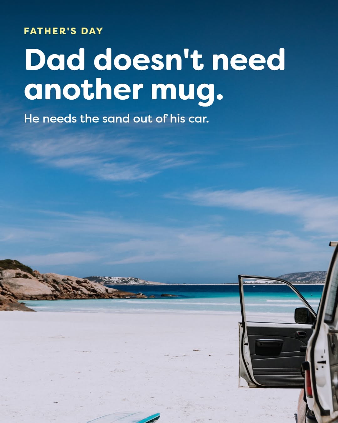 Father's Day Carousel: White beach with an open 4x4 car door and a surfboard edge, slide 1