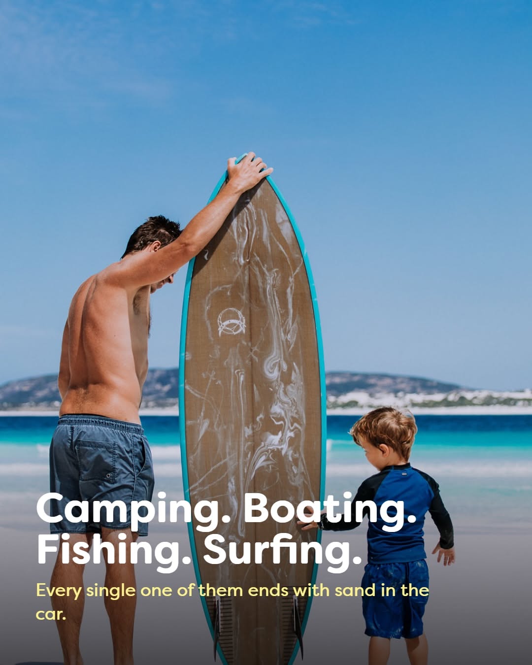 Father's Day Carousel: White beach with an open 4x4 car door and a surfboard edge, slide 2