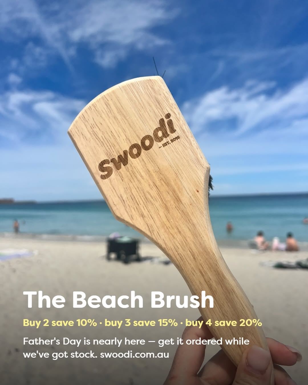 Father's Day Carousel: White beach with an open 4x4 car door and a surfboard edge, slide 5