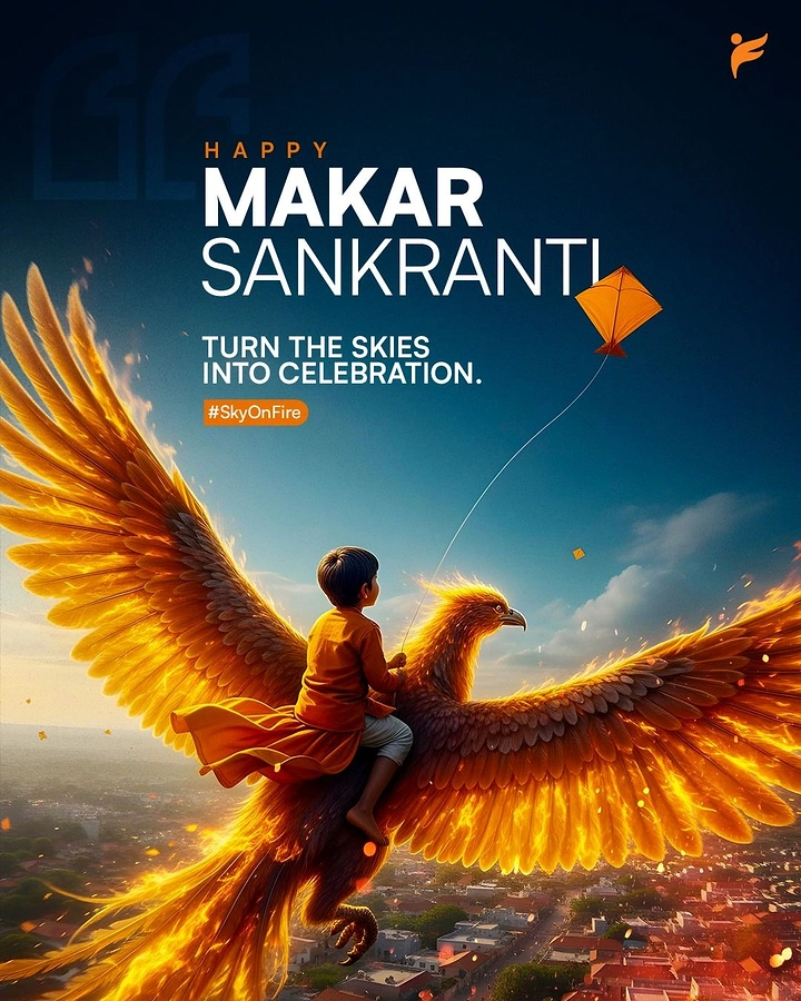 Makar Sankranti creative ad: Boy riding a fiery golden eagle while flying a kite over a city
