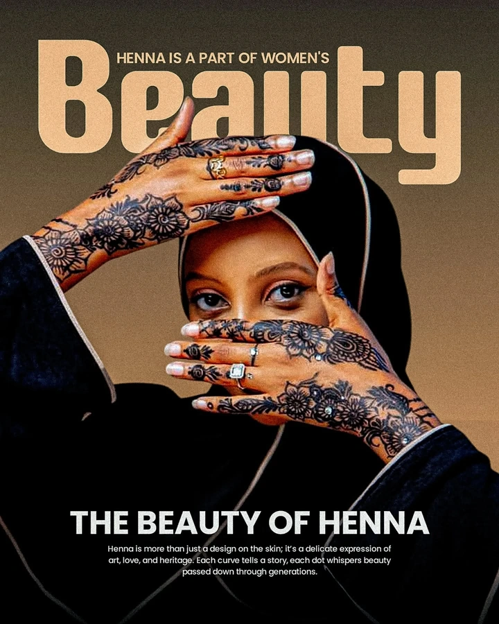 Mehndi & Henna Artists creative ad: Woman in black hijab framing her eyes with henna-decorated hands