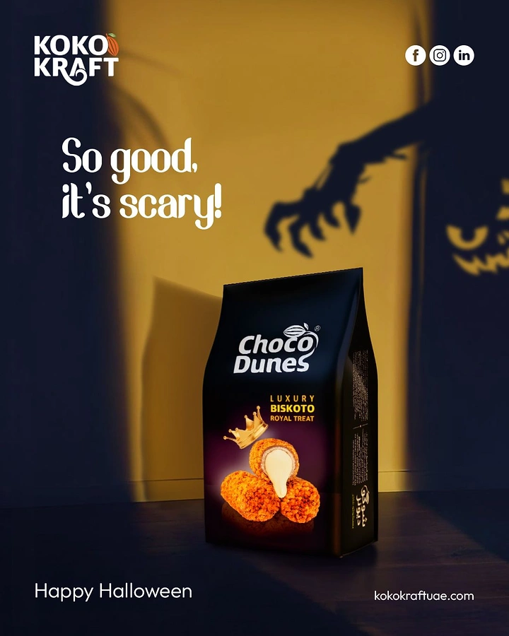 Halloween creative ad: Snack pouch in a dark room with a monster shadow