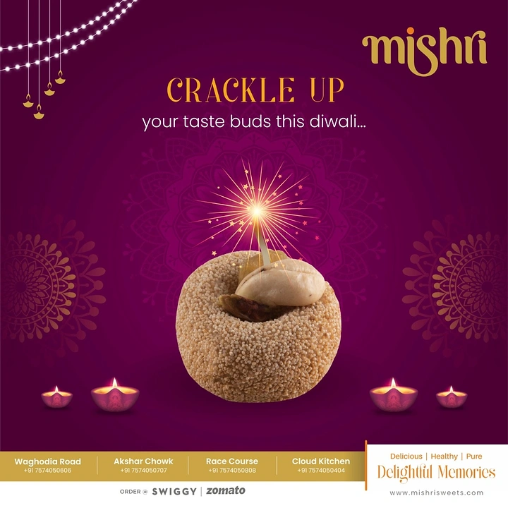 Diwali creative ad: Dry-fruit topped sweet ball with a sparkler