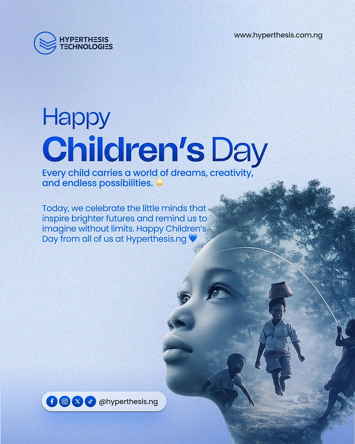 Children's Day creative ad: Double-exposure profile of a child's face filled with children playing under trees